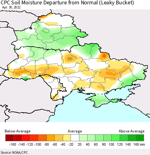 Ukraine, Moldova and Belarus CPC Calculated Soil Moisture Anomaly (Leaky Bucket) Thematic Map For 4/26/2022 - 4/30/2022