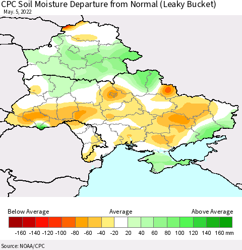 Ukraine, Moldova and Belarus CPC Calculated Soil Moisture Anomaly (Leaky Bucket) Thematic Map For 5/1/2022 - 5/5/2022