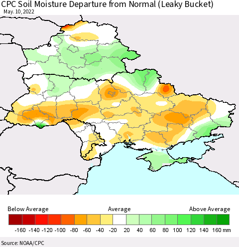 Ukraine, Moldova and Belarus CPC Calculated Soil Moisture Anomaly (Leaky Bucket) Thematic Map For 5/6/2022 - 5/10/2022