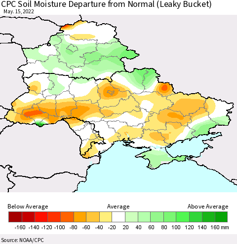 Ukraine, Moldova and Belarus CPC Calculated Soil Moisture Anomaly (Leaky Bucket) Thematic Map For 5/11/2022 - 5/15/2022
