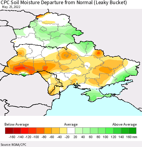 Ukraine, Moldova and Belarus CPC Soil Moisture Anomaly (Leaky Bucket) Thematic Map For 5/21/2022 - 5/25/2022