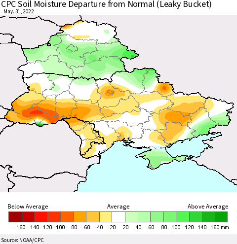 Ukraine, Moldova and Belarus CPC Calculated Soil Moisture Anomaly (Leaky Bucket) Thematic Map For 5/26/2022 - 5/31/2022