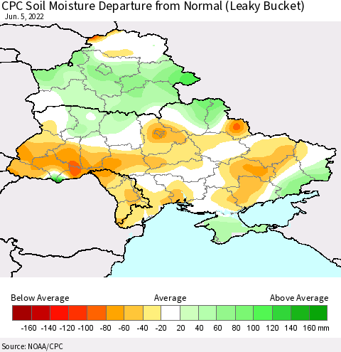 Ukraine, Moldova and Belarus CPC Soil Moisture Anomaly (Leaky Bucket) Thematic Map For 6/1/2022 - 6/5/2022