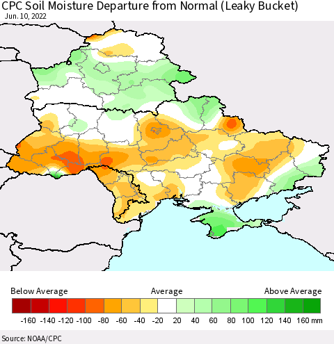 Ukraine, Moldova and Belarus CPC Calculated Soil Moisture Anomaly (Leaky Bucket) Thematic Map For 6/6/2022 - 6/10/2022