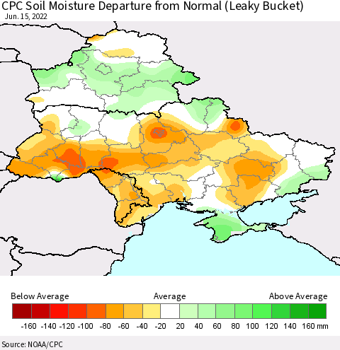 Ukraine, Moldova and Belarus CPC Calculated Soil Moisture Anomaly (Leaky Bucket) Thematic Map For 6/11/2022 - 6/15/2022