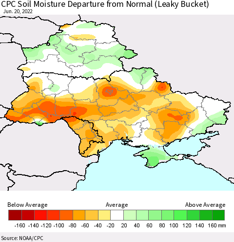 Ukraine, Moldova and Belarus CPC Soil Moisture Departure from Normal (Leaky Bucket) Thematic Map For 6/16/2022 - 6/20/2022