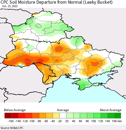 Ukraine, Moldova and Belarus CPC Calculated Soil Moisture Anomaly (Leaky Bucket) Thematic Map For 6/21/2022 - 6/25/2022