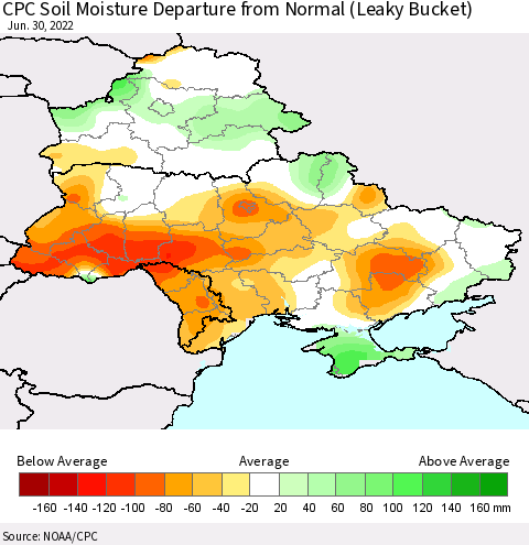Ukraine, Moldova and Belarus CPC Calculated Soil Moisture Anomaly (Leaky Bucket) Thematic Map For 6/26/2022 - 6/30/2022