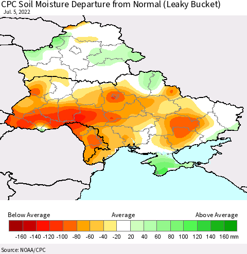 Ukraine, Moldova and Belarus CPC Calculated Soil Moisture Anomaly (Leaky Bucket) Thematic Map For 7/1/2022 - 7/5/2022