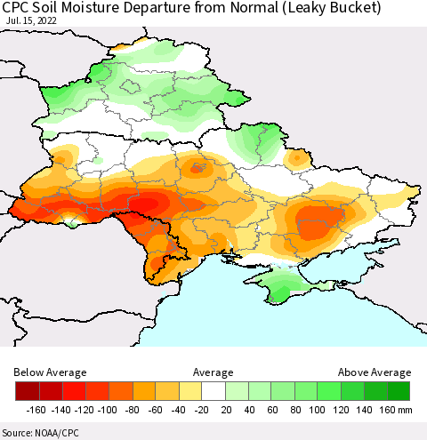 Ukraine, Moldova and Belarus CPC Soil Moisture Departure from Normal (Leaky Bucket) Thematic Map For 7/11/2022 - 7/15/2022