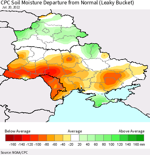Ukraine, Moldova and Belarus CPC Calculated Soil Moisture Anomaly (Leaky Bucket) Thematic Map For 7/16/2022 - 7/20/2022