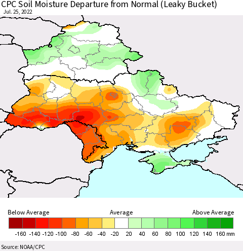 Ukraine, Moldova and Belarus CPC Soil Moisture Departure from Normal (Leaky Bucket) Thematic Map For 7/21/2022 - 7/25/2022