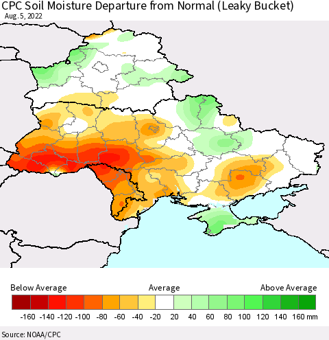 Ukraine, Moldova and Belarus CPC Calculated Soil Moisture Anomaly (Leaky Bucket) Thematic Map For 8/1/2022 - 8/5/2022
