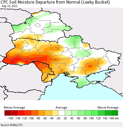 Ukraine, Moldova and Belarus CPC Calculated Soil Moisture Anomaly (Leaky Bucket) Thematic Map For 8/6/2022 - 8/10/2022