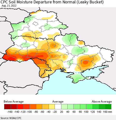 Ukraine, Moldova and Belarus CPC Soil Moisture Departure from Normal (Leaky Bucket) Thematic Map For 8/11/2022 - 8/15/2022