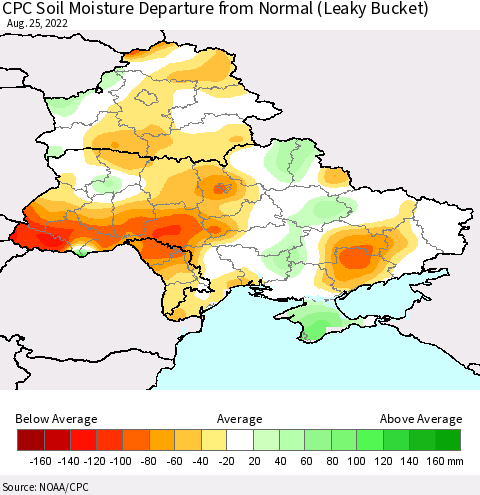 Ukraine, Moldova and Belarus CPC Soil Moisture Departure from Normal (Leaky Bucket) Thematic Map For 8/21/2022 - 8/25/2022