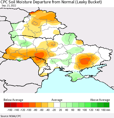 Ukraine, Moldova and Belarus CPC Soil Moisture Anomaly (Leaky Bucket) Thematic Map For 9/11/2022 - 9/15/2022