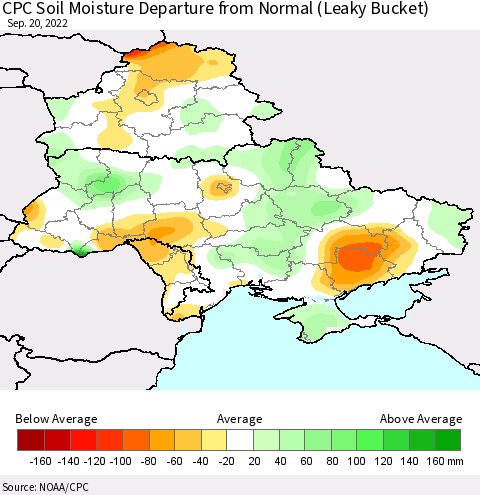 Ukraine, Moldova and Belarus CPC Calculated Soil Moisture Anomaly (Leaky Bucket) Thematic Map For 9/16/2022 - 9/20/2022