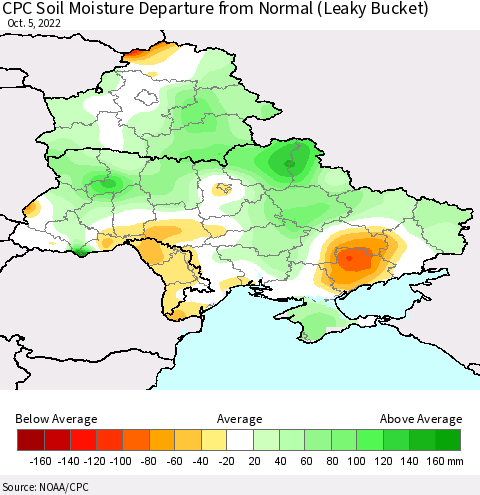 Ukraine, Moldova and Belarus CPC Soil Moisture Anomaly (Leaky Bucket) Thematic Map For 10/1/2022 - 10/5/2022