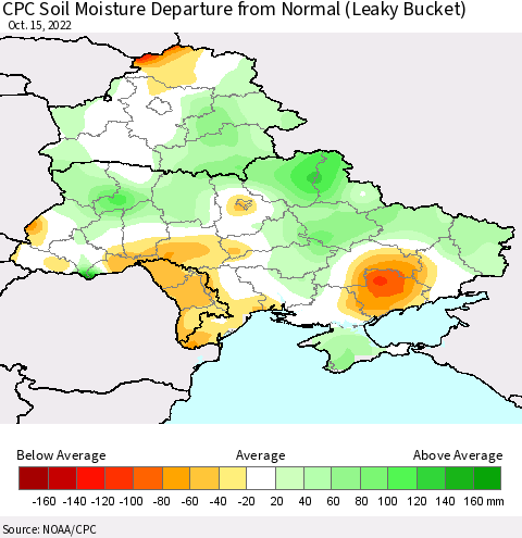 Ukraine, Moldova and Belarus CPC Calculated Soil Moisture Anomaly (Leaky Bucket) Thematic Map For 10/11/2022 - 10/15/2022