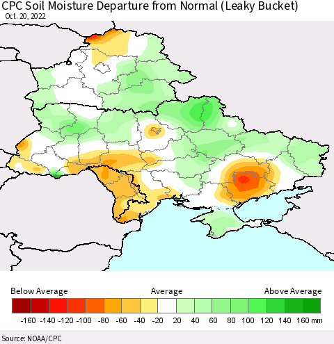 Ukraine, Moldova and Belarus CPC Soil Moisture Anomaly (Leaky Bucket) Thematic Map For 10/16/2022 - 10/20/2022