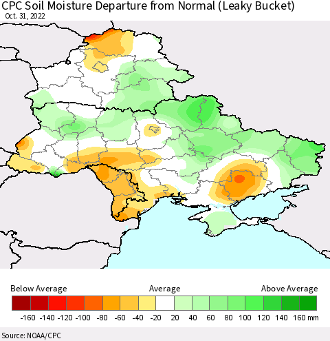Ukraine, Moldova and Belarus CPC Soil Moisture Departure from Normal (Leaky Bucket) Thematic Map For 10/26/2022 - 10/31/2022