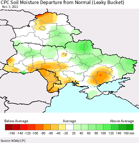 Ukraine, Moldova and Belarus CPC Calculated Soil Moisture Anomaly (Leaky Bucket) Thematic Map For 11/1/2022 - 11/5/2022