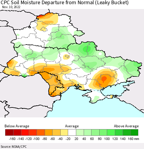 Ukraine, Moldova and Belarus CPC Soil Moisture Departure from Normal (Leaky Bucket) Thematic Map For 11/6/2022 - 11/10/2022