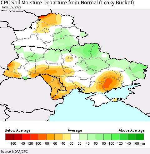 Ukraine, Moldova and Belarus CPC Soil Moisture Departure from Normal (Leaky Bucket) Thematic Map For 11/11/2022 - 11/15/2022