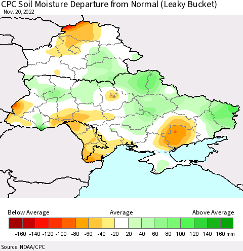 Ukraine, Moldova and Belarus CPC Soil Moisture Anomaly (Leaky Bucket) Thematic Map For 11/16/2022 - 11/20/2022