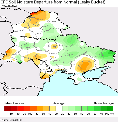 Ukraine, Moldova and Belarus CPC Calculated Soil Moisture Anomaly (Leaky Bucket) Thematic Map For 11/21/2022 - 11/25/2022