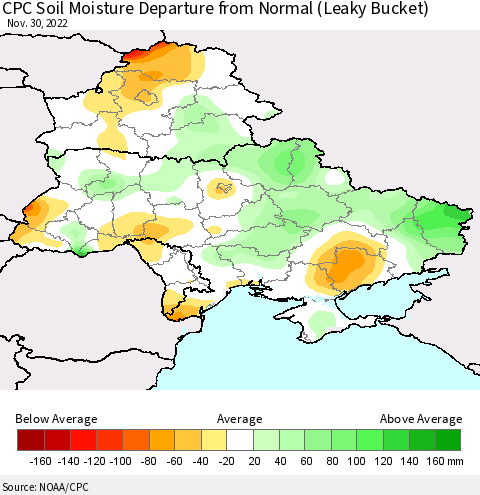 Ukraine, Moldova and Belarus CPC Soil Moisture Departure from Normal (Leaky Bucket) Thematic Map For 11/26/2022 - 11/30/2022