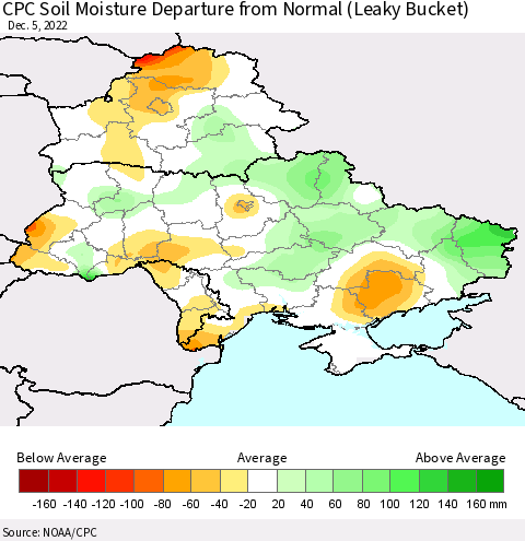 Ukraine, Moldova and Belarus CPC Soil Moisture Departure from Normal (Leaky Bucket) Thematic Map For 12/1/2022 - 12/5/2022