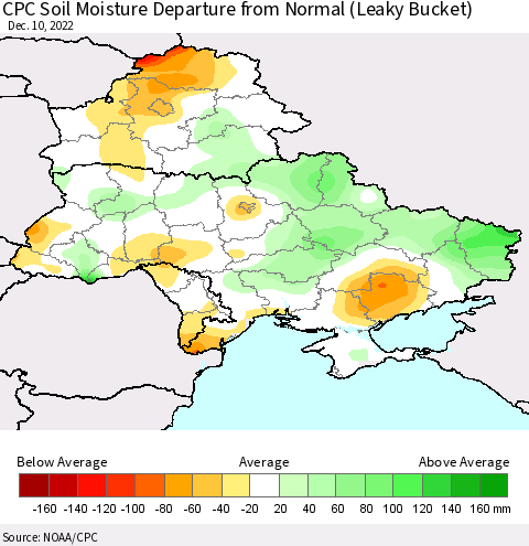 Ukraine, Moldova and Belarus CPC Calculated Soil Moisture Anomaly (Leaky Bucket) Thematic Map For 12/6/2022 - 12/10/2022