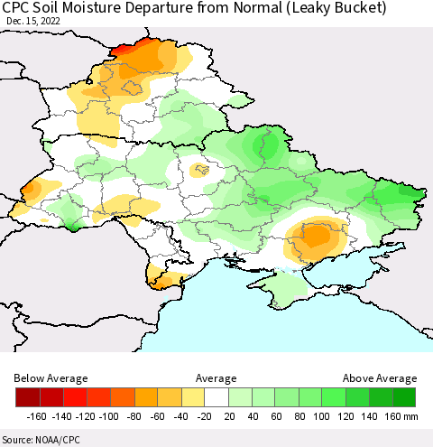 Ukraine, Moldova and Belarus CPC Soil Moisture Departure from Normal (Leaky Bucket) Thematic Map For 12/11/2022 - 12/15/2022