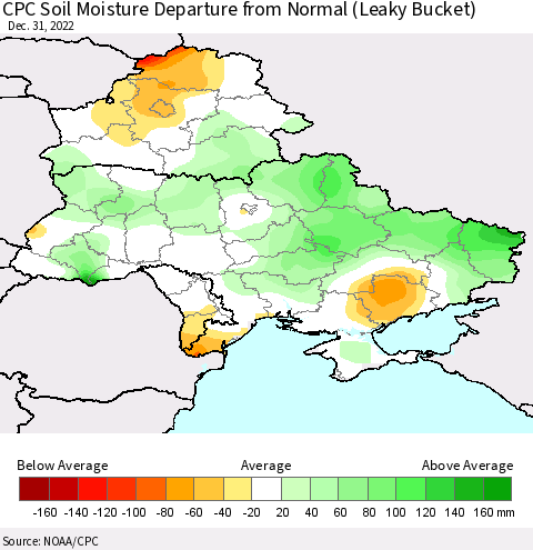 Ukraine, Moldova and Belarus CPC Calculated Soil Moisture Anomaly (Leaky Bucket) Thematic Map For 12/26/2022 - 12/31/2022