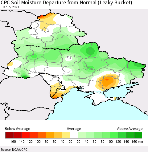 Ukraine, Moldova and Belarus CPC Calculated Soil Moisture Anomaly (Leaky Bucket) Thematic Map For 1/1/2023 - 1/5/2023