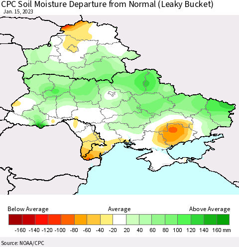 Ukraine, Moldova and Belarus CPC Soil Moisture Departure from Normal (Leaky Bucket) Thematic Map For 1/11/2023 - 1/15/2023