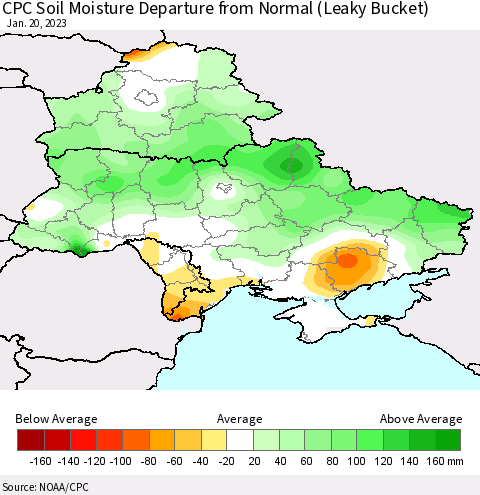 Ukraine, Moldova and Belarus CPC Calculated Soil Moisture Anomaly (Leaky Bucket) Thematic Map For 1/16/2023 - 1/20/2023