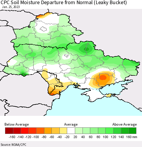 Ukraine, Moldova and Belarus CPC Soil Moisture Departure from Normal (Leaky Bucket) Thematic Map For 1/21/2023 - 1/25/2023