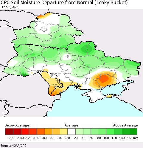 Ukraine, Moldova and Belarus CPC Soil Moisture Anomaly (Leaky Bucket) Thematic Map For 2/1/2023 - 2/5/2023