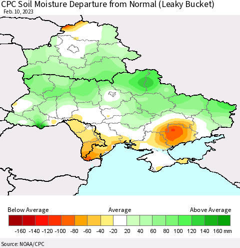 Ukraine, Moldova and Belarus CPC Soil Moisture Anomaly (Leaky Bucket) Thematic Map For 2/6/2023 - 2/10/2023