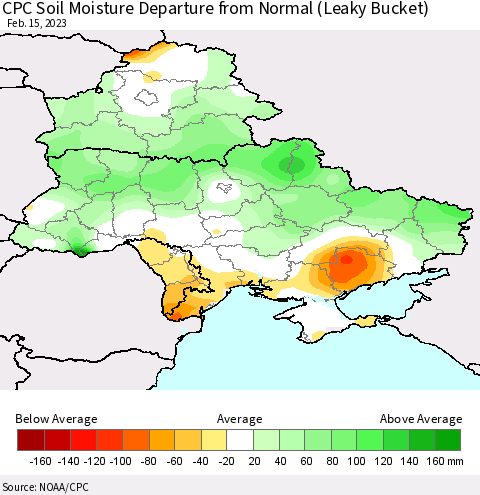 Ukraine, Moldova and Belarus CPC Soil Moisture Anomaly (Leaky Bucket) Thematic Map For 2/11/2023 - 2/15/2023