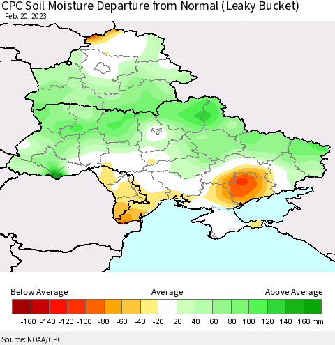 Ukraine, Moldova and Belarus CPC Soil Moisture Anomaly (Leaky Bucket) Thematic Map For 2/16/2023 - 2/20/2023