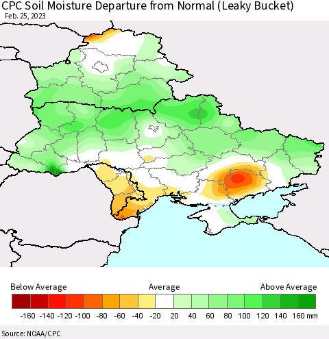 Ukraine, Moldova and Belarus CPC Soil Moisture Anomaly (Leaky Bucket) Thematic Map For 2/21/2023 - 2/25/2023