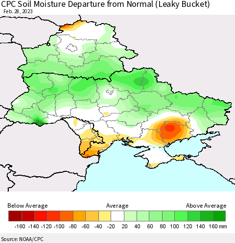 Ukraine, Moldova and Belarus CPC Soil Moisture Departure from Normal (Leaky Bucket) Thematic Map For 2/26/2023 - 2/28/2023