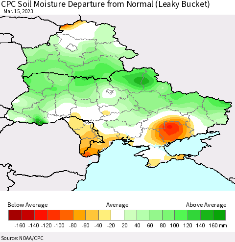 Ukraine, Moldova and Belarus CPC Soil Moisture Anomaly (Leaky Bucket) Thematic Map For 3/11/2023 - 3/15/2023