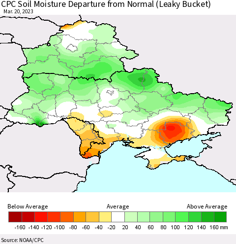 Ukraine, Moldova and Belarus CPC Soil Moisture Anomaly (Leaky Bucket) Thematic Map For 3/16/2023 - 3/20/2023