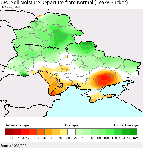 Ukraine, Moldova and Belarus CPC Soil Moisture Anomaly (Leaky Bucket) Thematic Map For 3/21/2023 - 3/25/2023