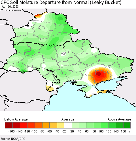 Ukraine, Moldova and Belarus CPC Soil Moisture Departure from Normal (Leaky Bucket) Thematic Map For 4/26/2023 - 4/30/2023